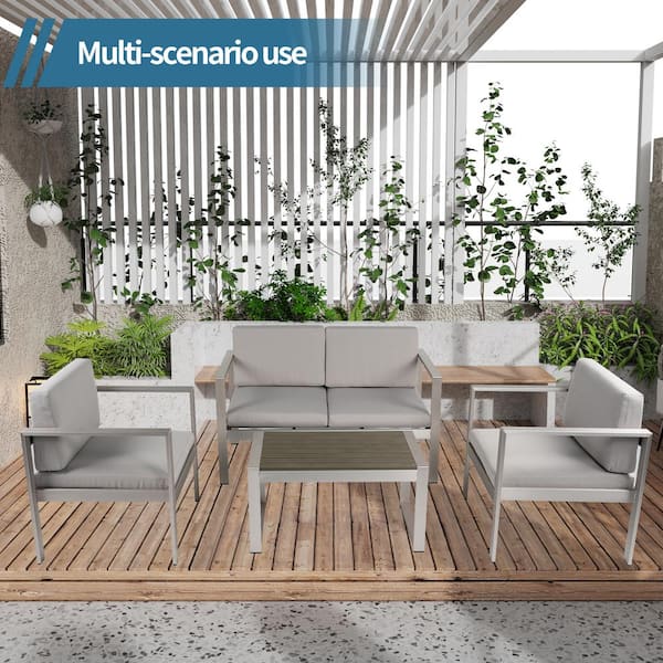 PARASOLAR Silver Frame 4-Piece Aluminum Outdoor Sectional Set with Gray Cushions and Table