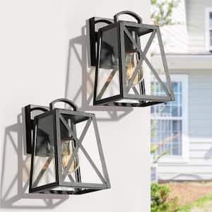 Modern Black Outdoor Wall Lantern Sconce With Clear Glass Shade 1-Light Geometric Coach Light Porch Lighting (2-pack)
