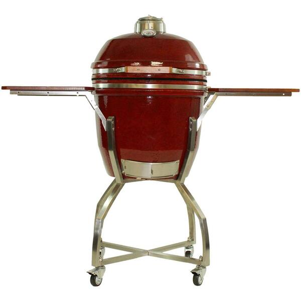 Hanover 19 in. Ceramic Kamado Grill in Red with Stainless Steel Cart and Protective Cover