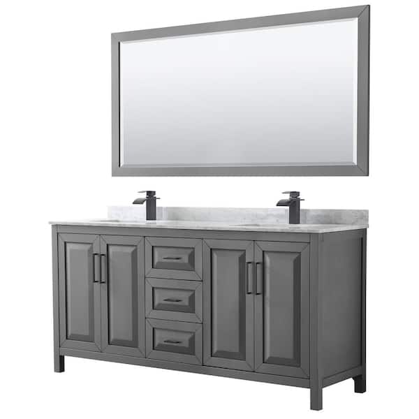 Wyndham Collection Daria 72 in. W x 22 in. D x 35.75 in. H Double Bath Vanity in Dark Gray with White Carrara Marble Top and 70 in. Mirror