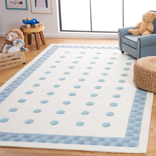 Kids 5 ft. x 5 ft. Ivory/Blue Polka-Dot Border Square Area Rug