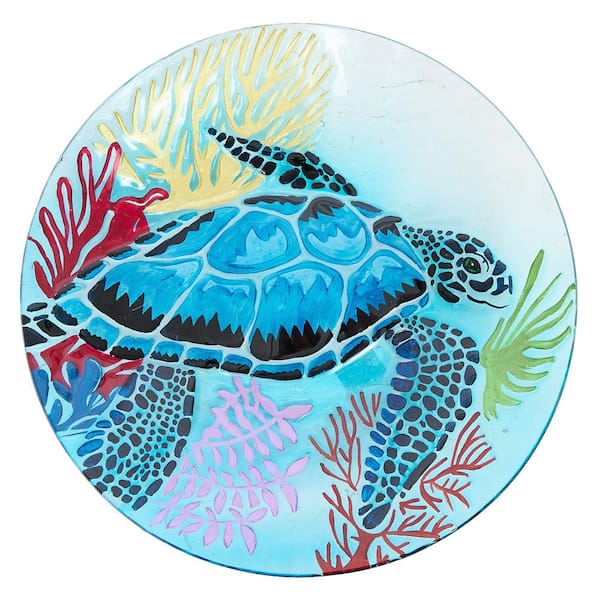 18 in. Tall Blue Glass Birdbath with Turtle Accent and Black Metal Stand