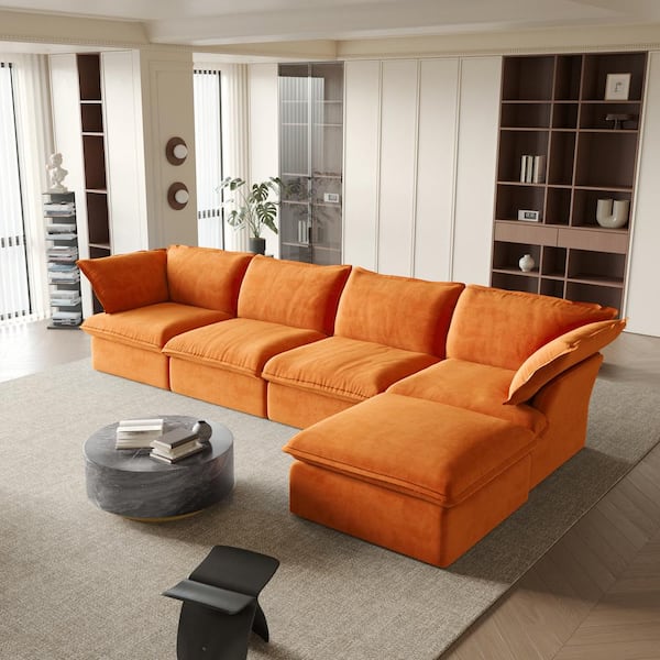 162.95 in. Flared Arm 5 Seater Linen L Shaped Down Filled Modular Free Combination Sofa with Ottoman in Orange