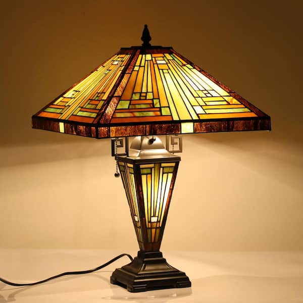 23 in. Amber Mission Style Tiffany Table Lamp w/ Nightlight Stained Glass Lamp Shade Desk Light for Living Room Bedroom