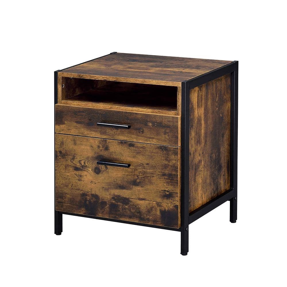 Rustic Oak and Black 2-Drawer Industrial Nightstand