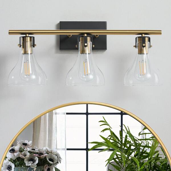 KAISITE 23.4 in. 3-Light Black and Gold Vanity Light with Clear Glass ...