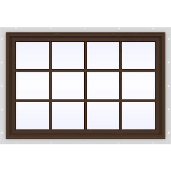 JELD-WEN 47.5 in. x 35.5 in. V-4500 Series Brown Painted Vinyl Fixed Picture Window with Colonial Grids/Grilles