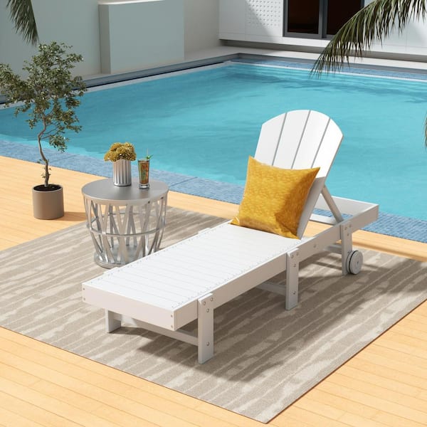 Laguna White HDPE Plastic Outdoor Adjustable Adirondack Chaise Lounger With Wheels