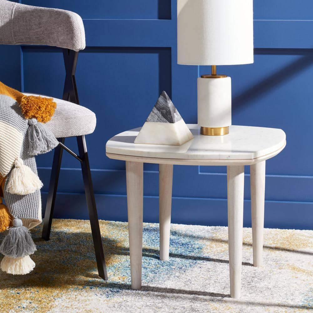 Elegant Round 21" Wood & Stone Side Table in White Wash