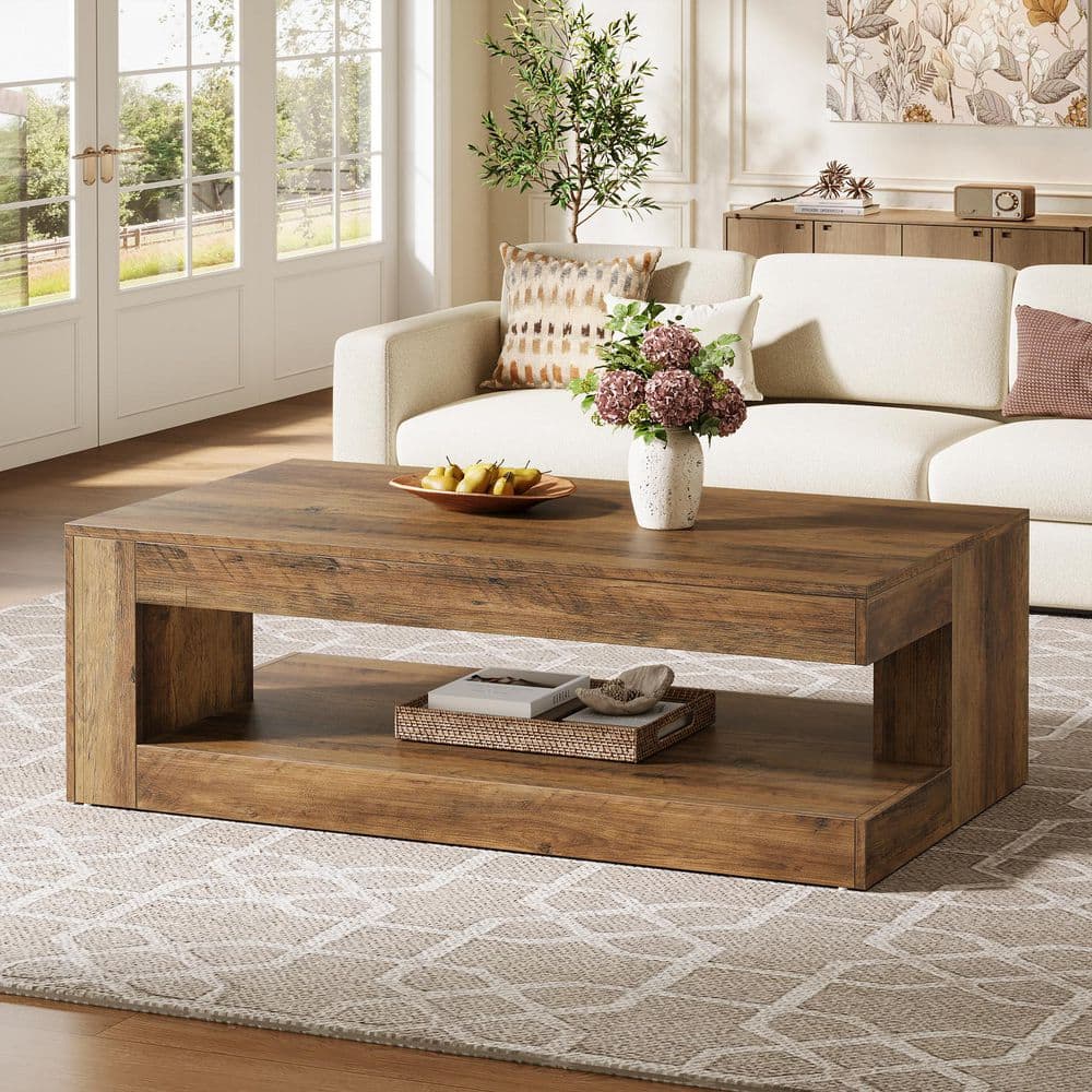 BYBLIGHT Allan 47.24 in. Brown Rectangle Wood Coffee Table with 2-Tier Storage, Farmhouse Center Tea Table Bedroom Living Room BB-SL0115YQ