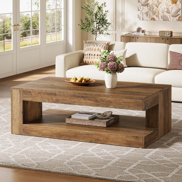 Allan 47.24 in. Brown Rectangle Wood Coffee Table with 2-Tier Storage, Farmhouse Center Tea Table Bedroom Living Room