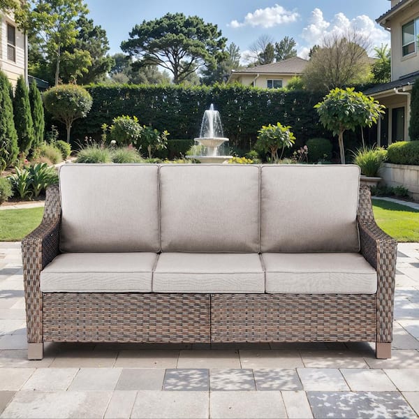 Modern Luxurious 3-Seat Brown PE Wicker Outdoor Couch with Olefin Beige Cushions and 4 In. Wide Armrest