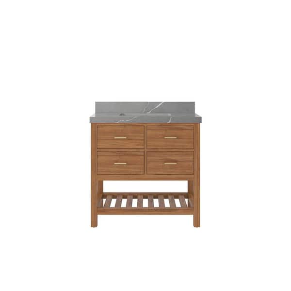 Willow Collections Parker Teak 36 in. W x 22 in. D x 36 in. H Single Sink Bath Vanity Center in Golden Teak 2 in. Piatra Gray Quartz Top