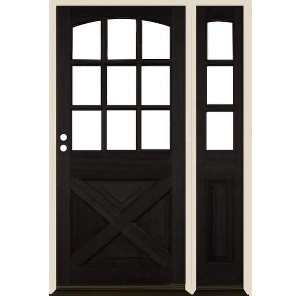 Krosswood Doors 50 in. x 80 in. Farmhouse X Panel RH 1/2 Lite Clear Glass Black Stain Hemlock Wood Prehung Front Door with RSL