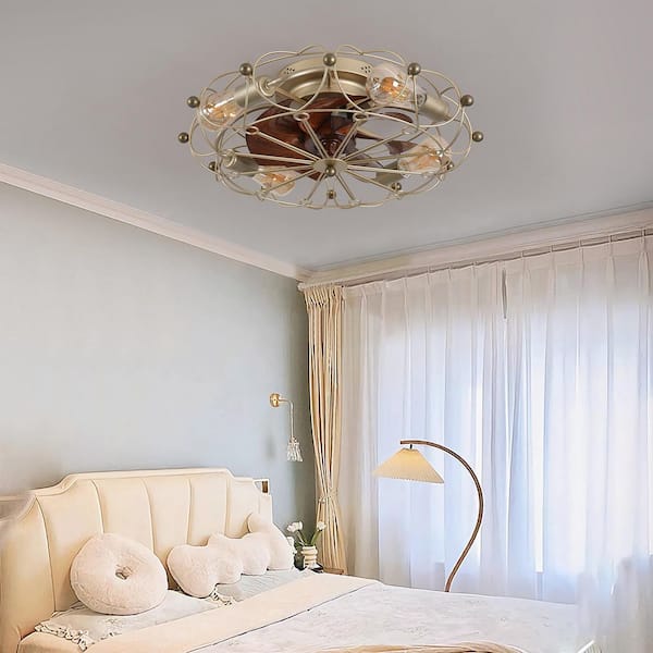 19.7 in. Indoor Gold Caged Low Profile Ceiling Fan Flush Mount Remote Control with 4-Light Bulbs Included