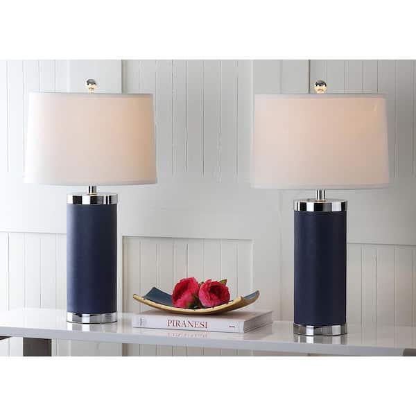SAFAVIEH Leather Column 26 in. Navy Table Lamp with White Shade (Set of 2)