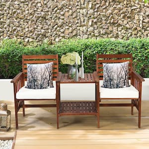 3-Piece Wood Patio Conversation Set Acacia Wood Chair Coffee Table with White Cushions