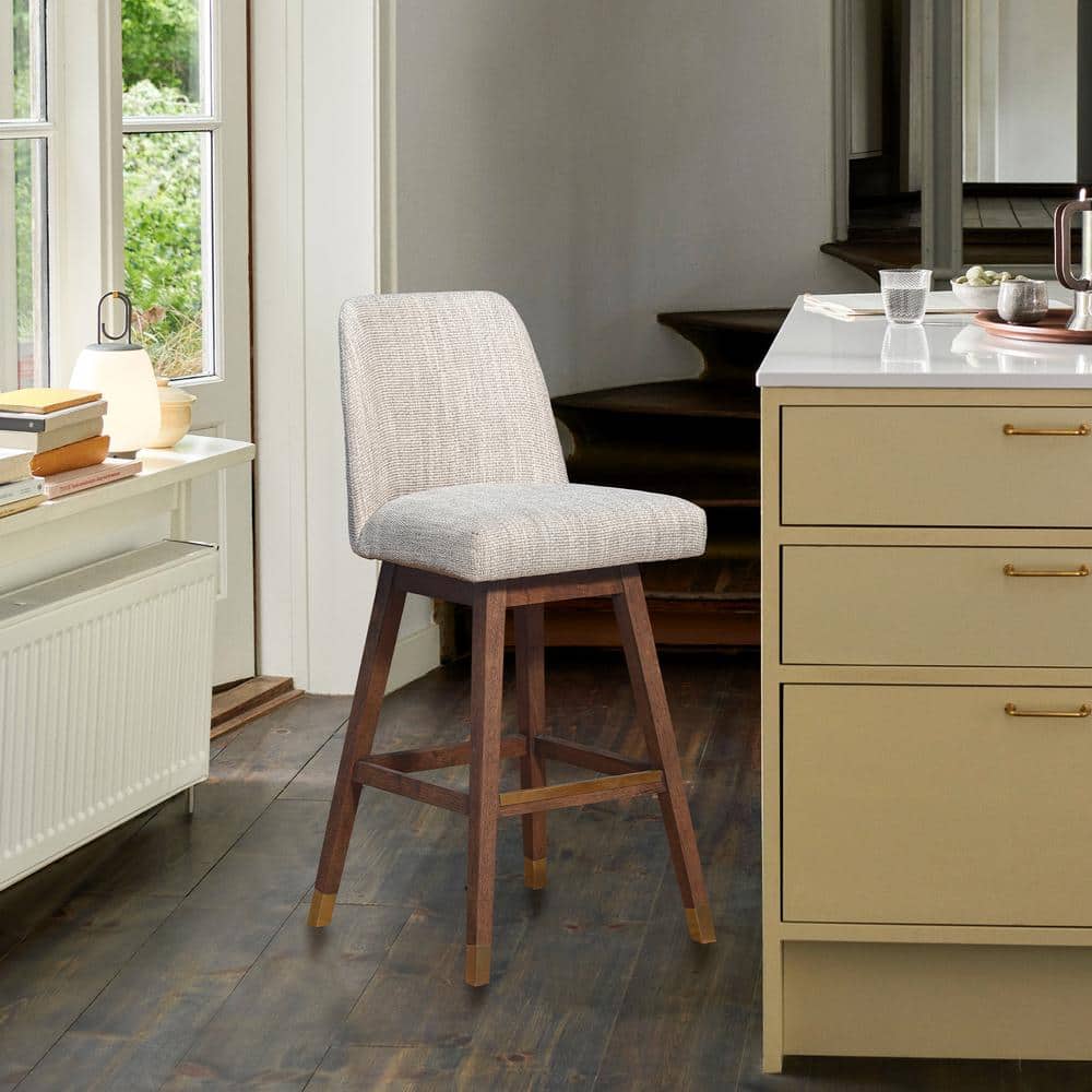 Amalie Beige Fabric Swivel Bar Stool with Brown Oak Wood Finish