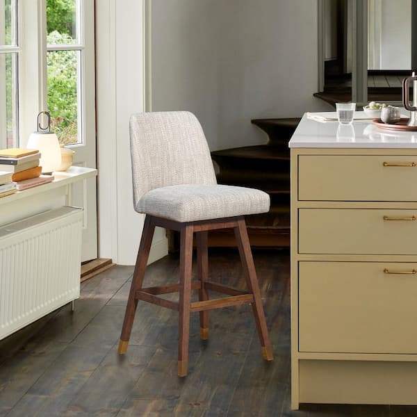 Amalie 41.5 in. Brown Oak Swivel Bar Stool with Beige Fabric Seat