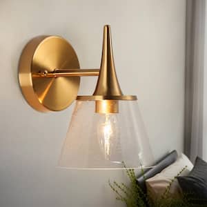Plated Brass Bathroom Vanity Sconce 6 in. 1-Light Powder Room Wall Light with Tapered Drum Clear Seedy Glass Shade