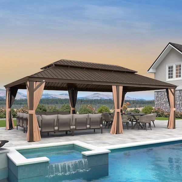 13 ft.x 20 ft.Bronze Aluminum Power-Coated Frame Galvanized Steel Double Roof Hardtop Gazebo,Hooks,Netting,Khaki Curtain