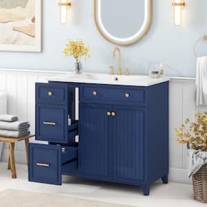 36 in. W x 18 in. D x 34.3 in. H Single Sink Freestanding Bath Vanity in Navy Blue with White Resin Top