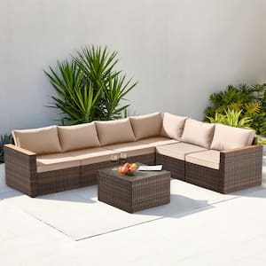 Brown 7-Piece Wicker Patio Conversation Set with Khaki Cushions