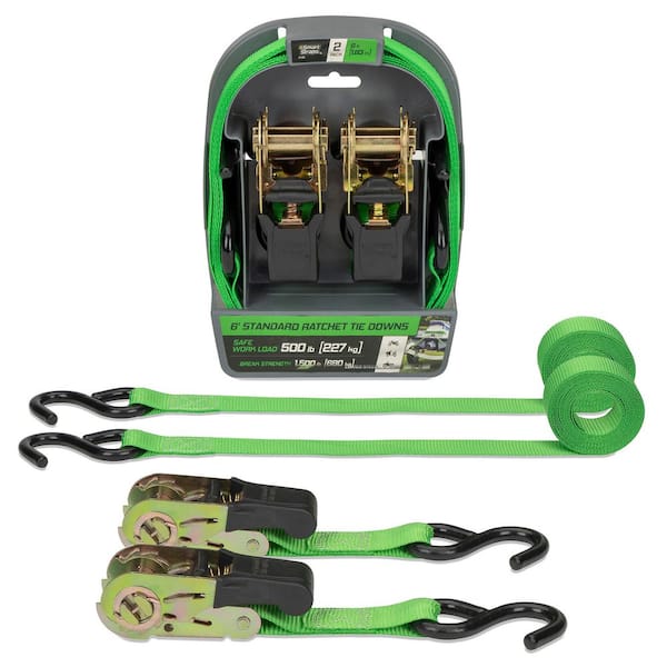 6 ft. x 1 in. Green Padded Ratchet Tie Down Straps with 500 lb. Safe Work Load - 2 pack