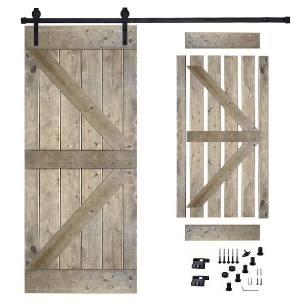 Akicon 30 in. x 84 in. Dark Walnut Painted Wood Sliding Door with Hardware Kit, Pre-Drilled Ready to Assemble