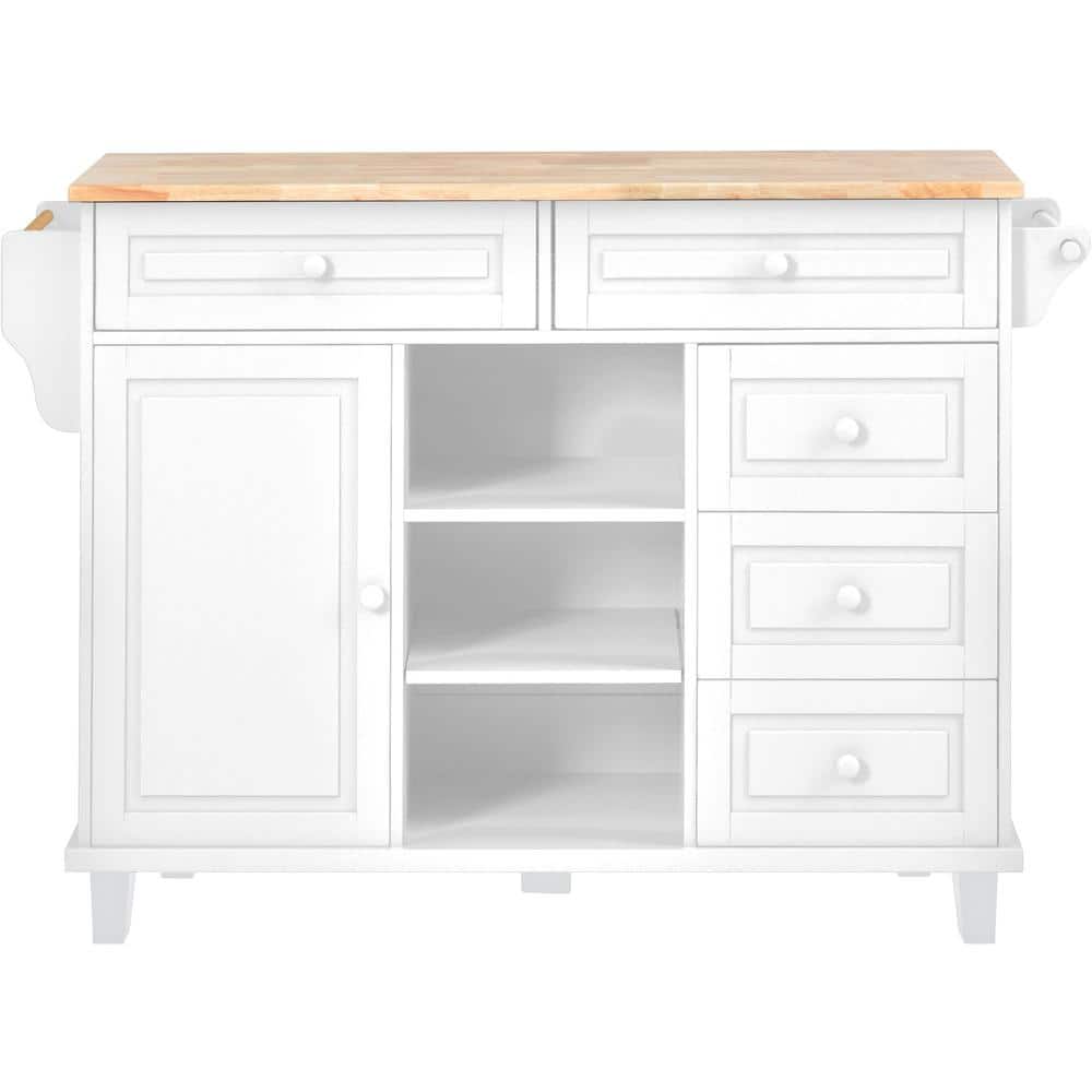 White Rubber Wood Kitchen Cart with Storage and 5-Draws