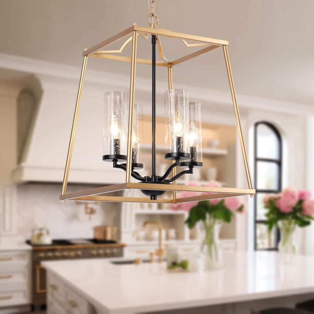 Transitional 4-lights Black Caged Chandeliers with Seeded Glass Shade, Dark Gold Square Pendant Light for Dining Room price history on PriceWatchPro