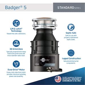 Badger 5, 1/2 HP Continuous Feed Kitchen Garbage Disposal with Power Cord & Putty-Free Sink Seal