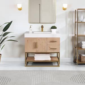 Bianco 36 in. W x 22 in. D x 34 in . H Single Sink Bath Vanity in Light Brown with White Composite Stone Top