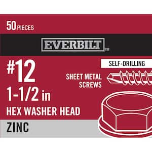 #12 x 1-1/2 in. Zinc Plated Hex Head Sheet Metal Screw (50-Pack)
