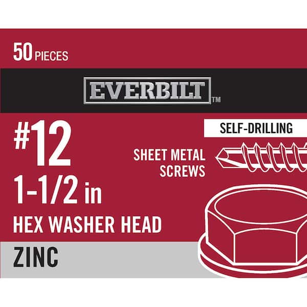 Everbilt #12 x 1-1/2 in. Zinc Plated Hex Head Sheet Metal Screw (50-Pack)