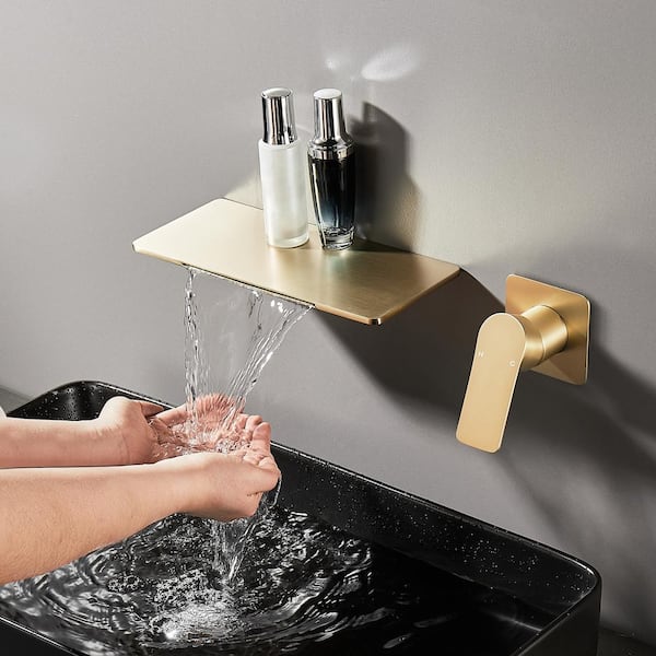 Single-Handle Rectangular Waterfall Wall Mounted Bathroom Faucet in Gold