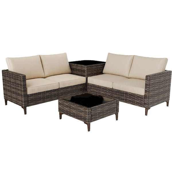 homfan Patio Sectional Brown Wicker 4-Piece, Outdoor Sectional Set, with Cushion in Gray, Coffee Table, Storage