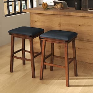 30 in. Brown Backless Wood Bar Stool with Faux Leather Seat (Set of 2)