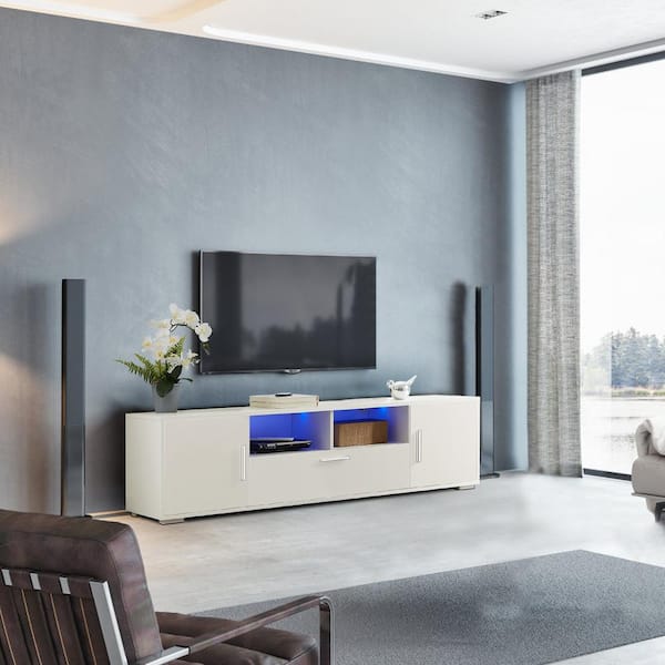 63 in. W White Particleboard TV Cabinet with LED Lights and 3-Large Storage Space Maximum Television Size for 65 in.