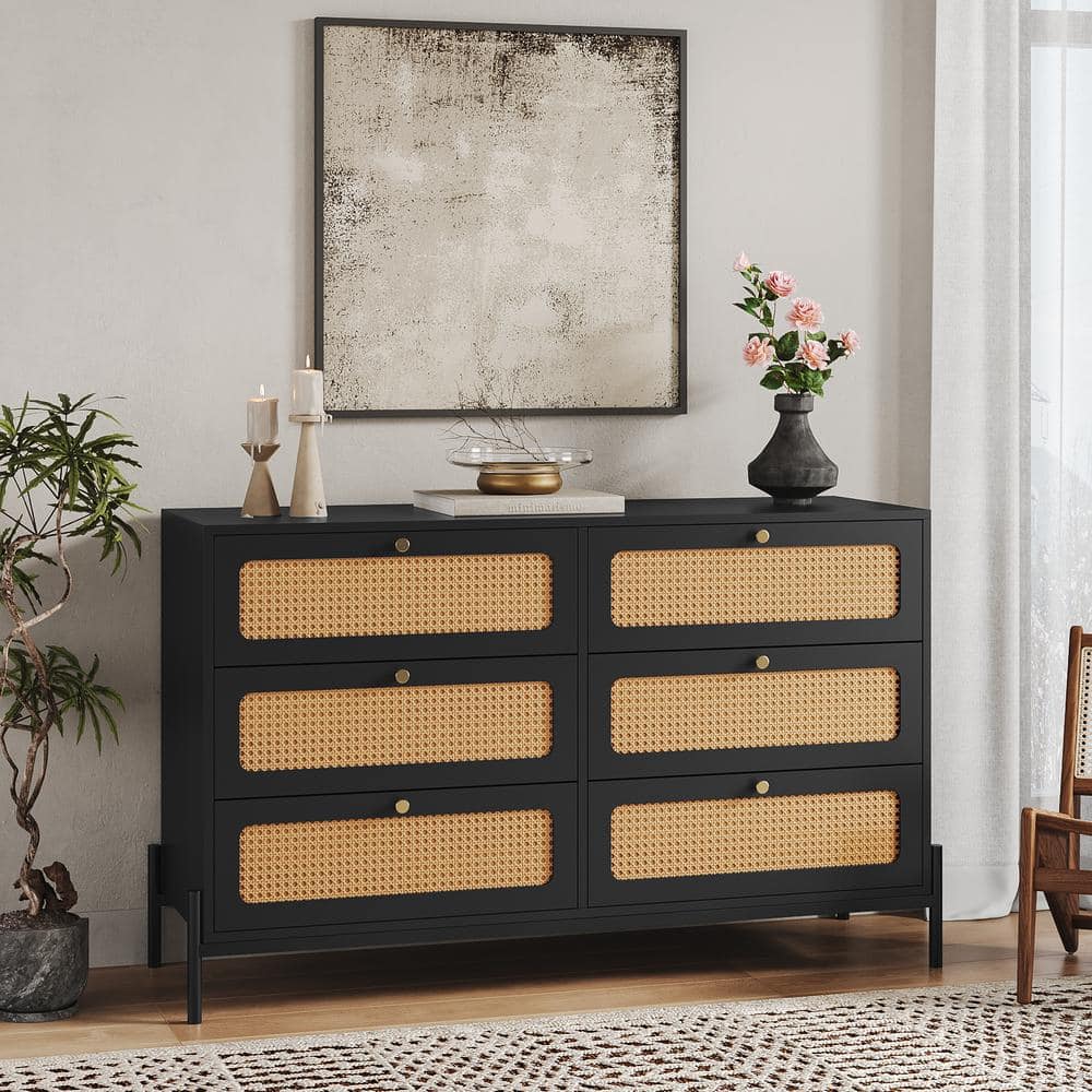Rattan Black 6-drawers 47 in. storage cabinet with Gold Metal Handle, Boho 