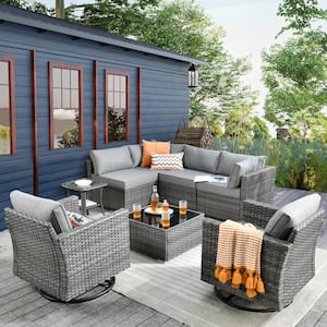 Daffodil K Gray 8-Piece Wicker Patio Outdoor Conversation Sofa Set with Swivel Rocking Chairs and Dark Gray Cushions