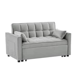 3 in 1 Convertible 55 in. Grey Twin Size Velvet Futon Sofa Bed with Reclining Backrest and Toss Pillows