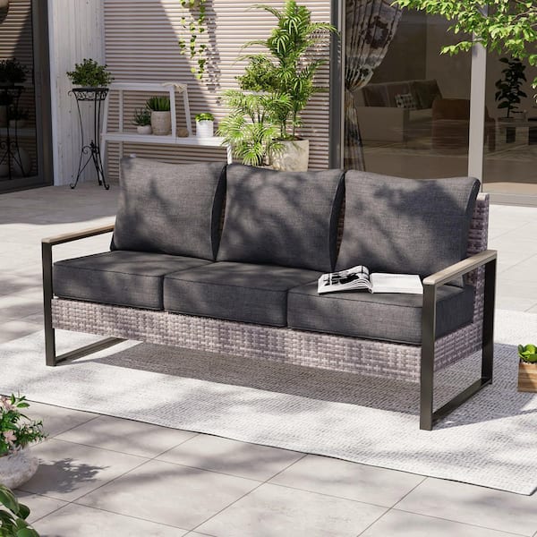 Outdoor 3-Seater Sofa Patio Conversation Set All-Weather Sofa PE Rattan Gray Wicker with Black Cushion