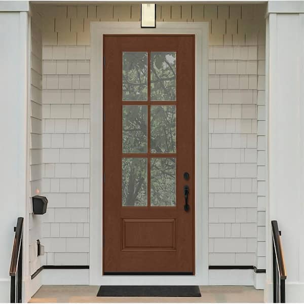 Regency 36 in. x 96 in. 3/4-6 Lite Clear Glass RHOS Chestnut Stained Fiberglass Prehung Front Door