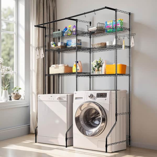 Over Washer and Dryer Storage Shelves, 6 Tiers Laundry Room Drying Rack with Hanger Rod and Hooks, Shelves Black