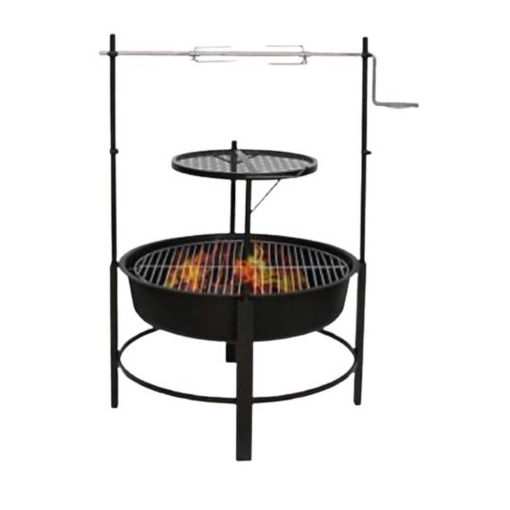 Portable Charcoal Round Metal Wood Burning Firepit Grill in Black with Surrounding Removable Cooking Grill
