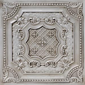 Elizabethan Shield Antique White 2 ft. x 2 ft. Decorative PVC Glue Up or Lay In Faux Tin Ceiling Tile (200 sq.ft./case)