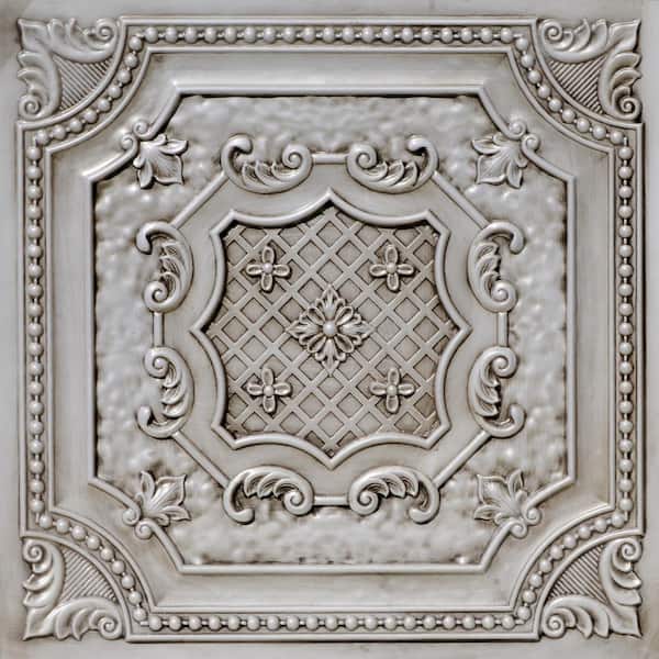 FROM PLAIN TO BEAUTIFUL IN HOURS Elizabethan Shield Antique White 2 ft. x 2 ft. Decorative PVC Glue Up or Lay In Faux Tin Ceiling Tile (200 sq.ft./case)
