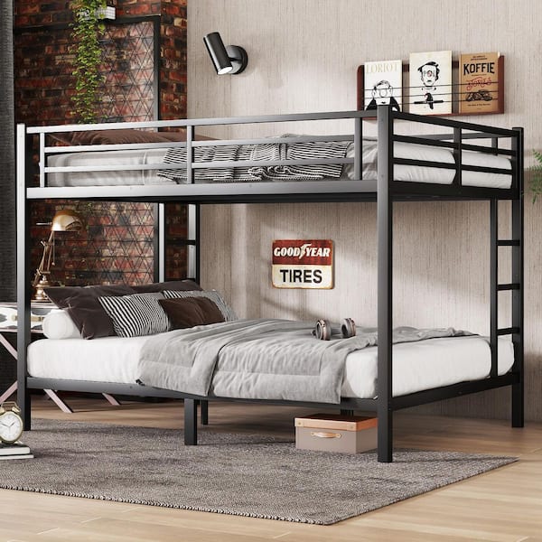 Black Queen Over Queen Bunk Bed with 2-Ladders, Heavy Duty Adult Bunk Beds, Metal Queen Size Bunk Bed