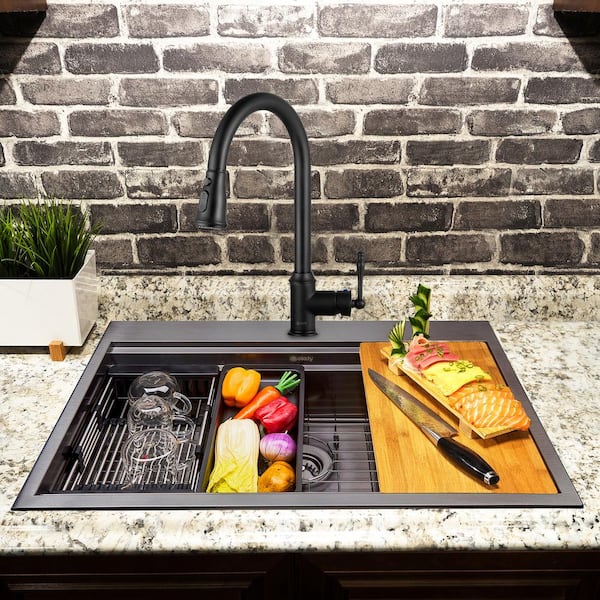 All-in-One Matte Black Stainless Steel 33 in. x 22 in. Single Bowl Drop-in Kitchen Sink with Pull-down Faucet